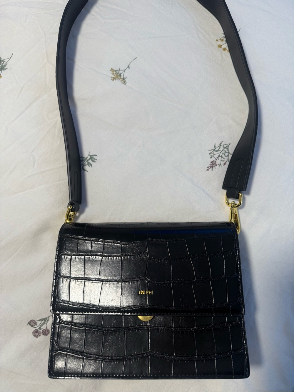 JW PEI Black Croc Shoulder Bag with Gold Hardware